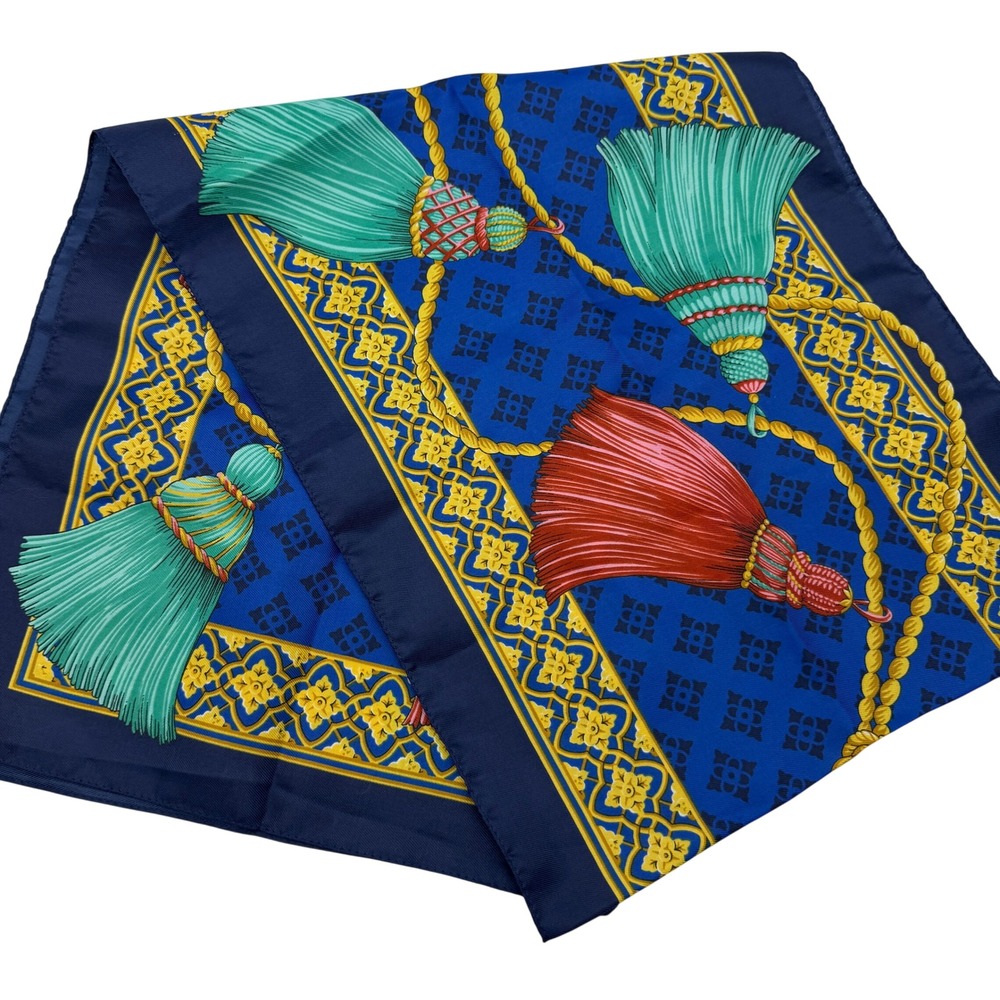 Vintage Royal Blue Tassel Rope Print oblong Scarf Teal Red Neckerchief 30x30